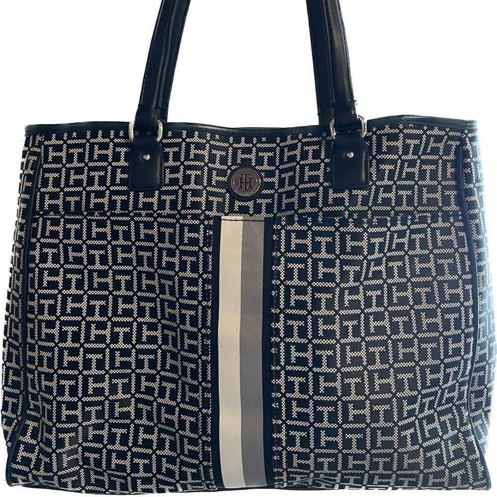 Tommy Hilfiger Black White Signature TH Logo Large Tote Shoulder Bag $108 - Picture 2 of 8